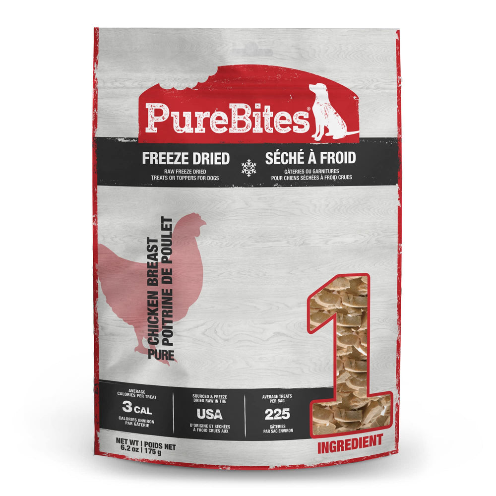 PureBites chicken breast freeze-dried dog treat in 6.2oz bag, simple single-ingredient reward