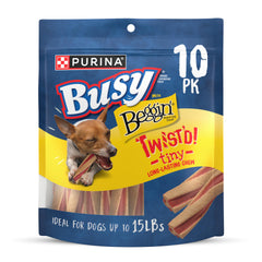 Purina Busy Beggin’ Twist’d pack shot for tiny dogs, six 10-count pouches.