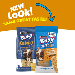 Purina Busy Chewnola center beefhide provides savory core for chewing fun.