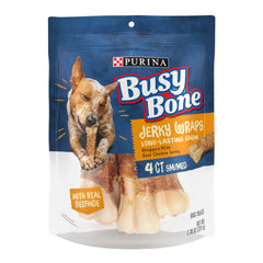 Purina Busy Jerky Wraps beefhide-wrapped chicken jerky outer pack showing packaging and product label.