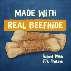 Purina Busy Jerky Wraps multi-layer texture chewing action in hand.