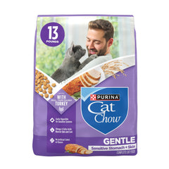 Purina Cat Chow Gentle turkey bag; digestive-friendly nutrition for sensitive stomachs.