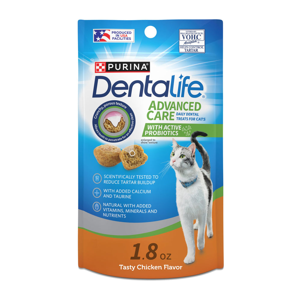 Dentalife chicken-flavor cat treats in a resealable pouch for easy daily dental care.