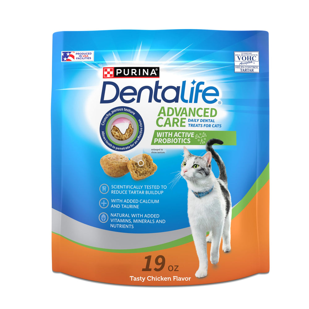 Purina DentaLife cat treats shown with a crunchy texture for dental care during daily chews.