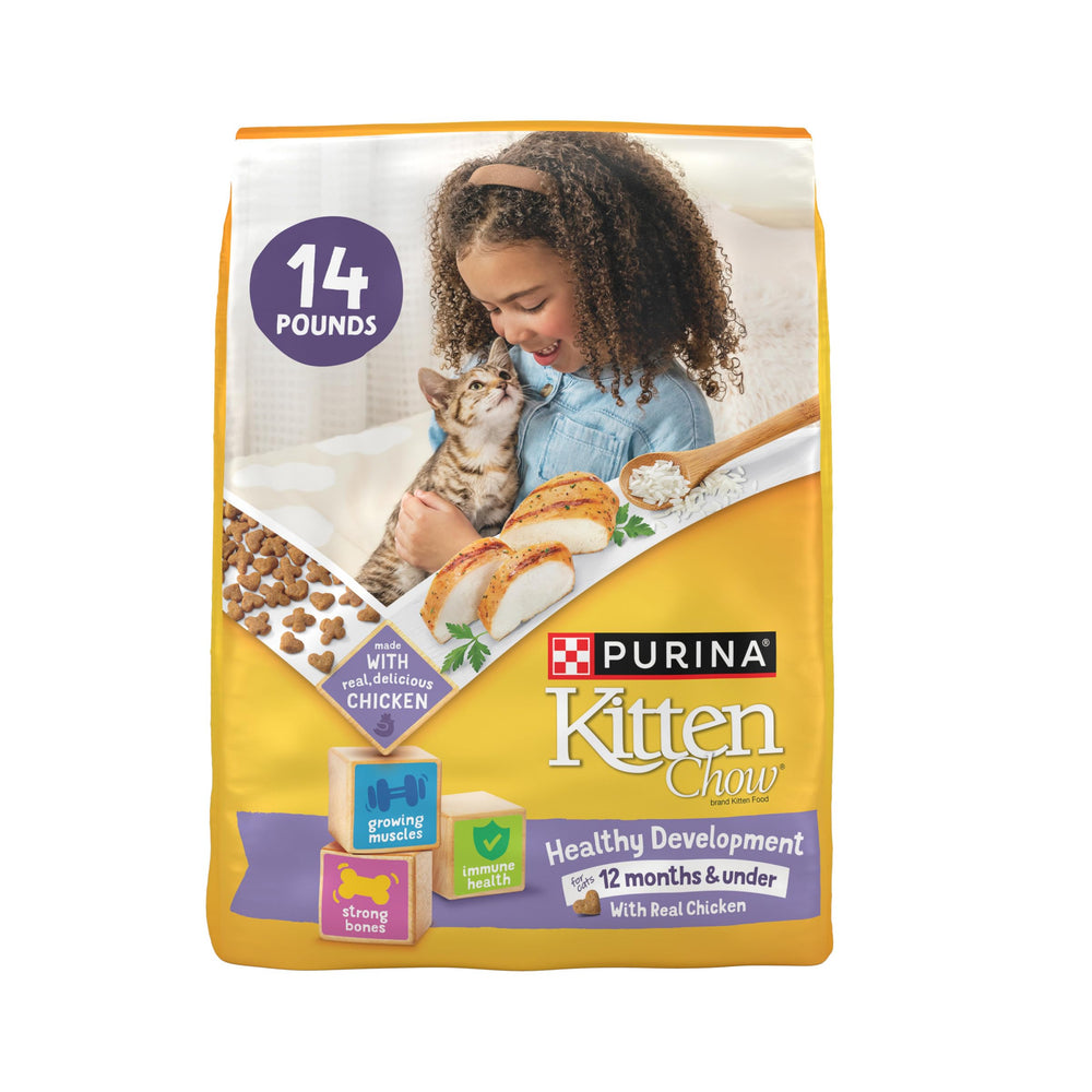 Purina Kitten Chow real farm-raised chicken bites in a bowl for kittens.