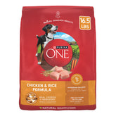 Purina ONE chicken and rice bag front view highlights premium ingredients for adult dogs.