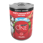 Purina ONE Classic Ground Beef and Brown Rice Entree can, 12-pack, ideal for convenient feeding