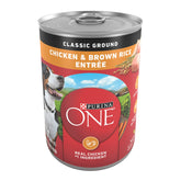 Purina ONE Classic Ground Chicken and Brown Rice Entree can with premium protein for active dogs