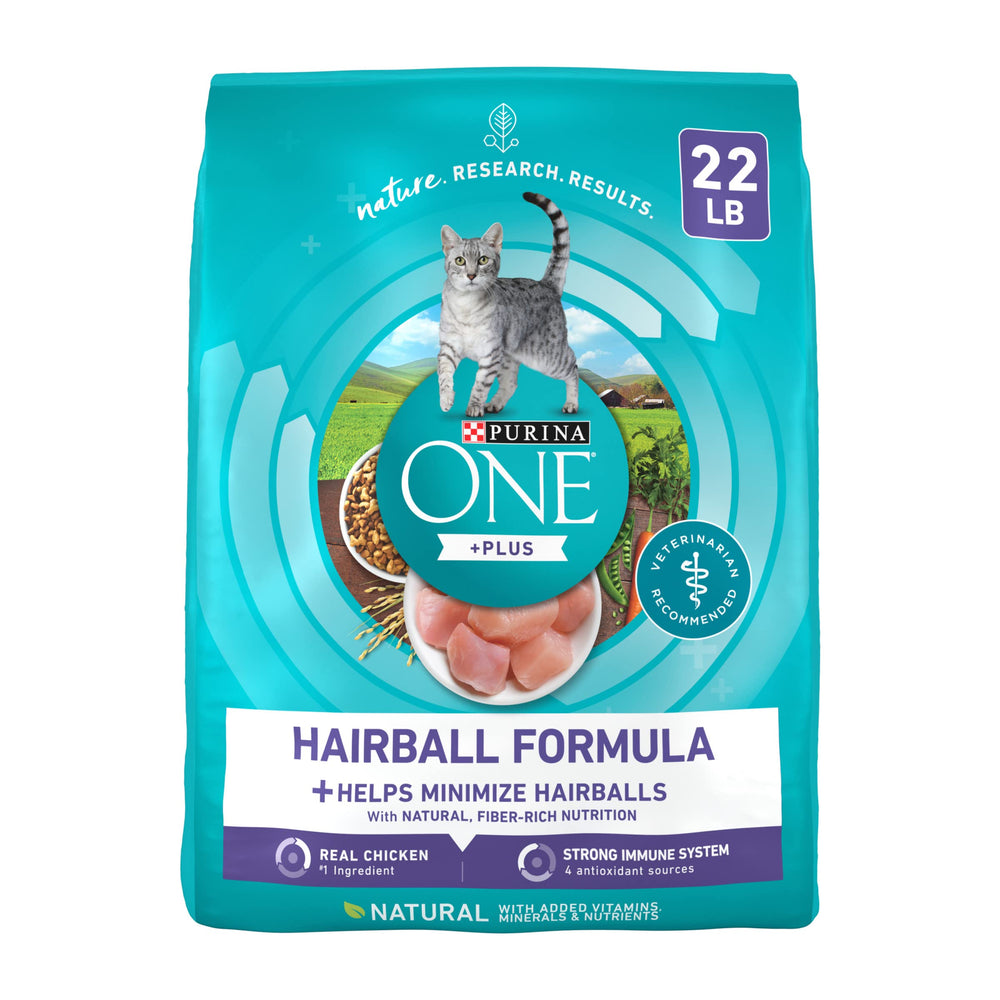 Purina ONE hairball-control kibble supports digestion and flavor.