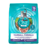 Purina ONE Hairball Formula bag front view highlighting 16 lb packaging for regular cat meals