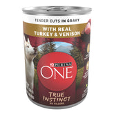 Purina ONE high protein tender cuts turkey and venison in gravy for lean muscle.