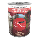 Purina ONE high-protein wet dog food with real beef and wild salmon in gravy for tasty protein