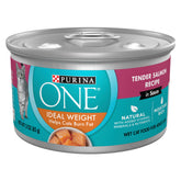 Purina ONE Ideal Weight Tender Salmon in Sauce can front highlights real salmon for strong muscles.