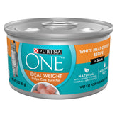 Purina ONE Ideal Weight wet cat food with chicken in sauce, highlighting high-protein white meat chicken.
