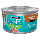 Purina ONE chicken pate can with pull-top lid showing real chicken first ingredient
