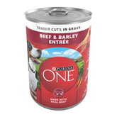 Purina ONE Beef and Barley Entree in Gravy with real beef chunks for dogs.