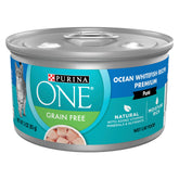 Purina ONE Ocean Whitefish Pate can-top view, easy to open for quick meals.