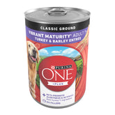 Purina ONE Plus Classic Ground 7+ Turkey & Barley can label showing 12-pack packaging