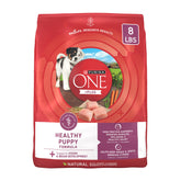 Purina ONE Plus Healthy Puppy Formula bag front view emphasizes protein-rich nutrition for growth.