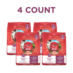 Purina ONE Plus Healthy Puppy kibble close-up highlighting crunchy bites for texture and flavor.