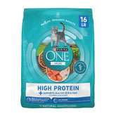 Purina ONE Plus high protein cat food bag front featuring real salmon and ocean whitefish