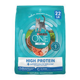 Purina ONE Plus High Protein salmon kibble with real salmon as top ingredient for lean muscles.