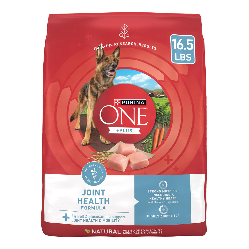 Purina ONE Plus Joint Health bag front showing packaging and real chicken claim for muscle support.