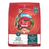 Purina ONE Plus Puppy Large Breed bag close-up shows real chicken as main ingredient