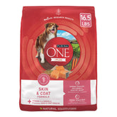 Purina ONE +Plus skin and coat kibble in bowl for healthy fur.