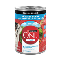 Purina ONE Plus puppy wet food with lamb and rice in cans supports growing puppies.