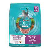 Purina ONE Plus Whole Body Support chicken dry cat food bag promotes whole body health for adult cats.