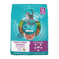 Purina ONE Plus Whole Body Support chicken dry cat food bag promotes whole body health for adult cats.