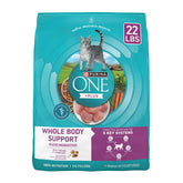 Purina ONE Plus Whole Body Support chicken kibble in a bowl supports energy and muscle health.