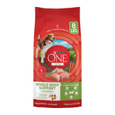 Purina ONE Plus Whole Body Support bag showing complete dog food for daily wellness