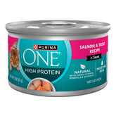 Purina ONE salmon-trout in sauce cans, front view, tempting flavor for cats.