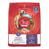Purina ONE senior dog food bag front showing protein-forward formula for muscles.