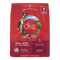 Purina ONE Small Bites beef and rice bag front highlights high-protein nourishment for small dogs.