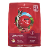 Purina ONE Small Bites beef morsels in a bowl showing protein-forward texture.