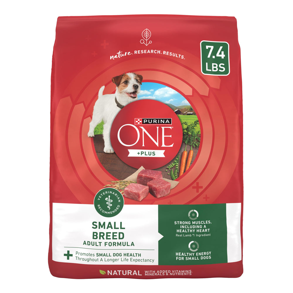 Purina ONE small breed lamb and rice kibble in bowl for daily energy