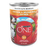 Purina ONE Tender Cuts closeup showing real chicken and gravy for moisture and flavor.