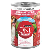Purina ONE Tender Cuts Skin & Coat with real chicken in gravy supports a healthy coat.