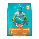 Purina ONE Tender Selects Blend Real Chicken bag front shows protein-rich nutrition for cats