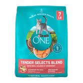Purina ONE Tender Selects real salmon kibble in a bowl showing balanced nutrition benefits