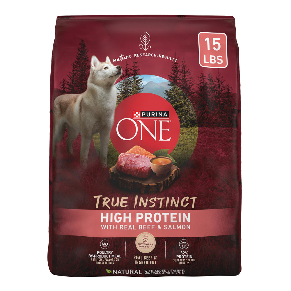 Purina ONE True Instinct bag front highlighting high-protein formula for active dogs