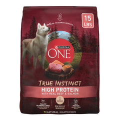 Purina ONE True Instinct bag front highlighting high-protein formula for active dogs