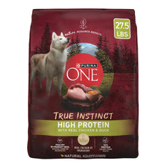 Purina ONE True Instinct high-protein bag close-up highlights real chicken and duck.