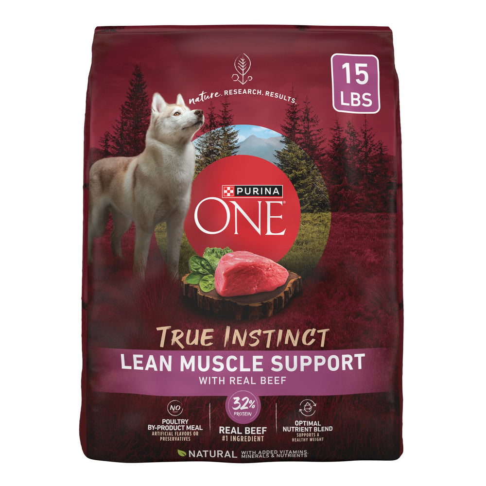 Purina ONE True Instinct lean muscle bag showing premium protein for lean muscles.