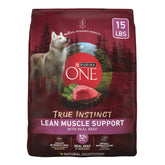 Purina ONE True Instinct lean muscle bag showing premium protein for lean muscles.