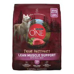 Purina ONE True Instinct Lean Muscle beef kibble in a bag that supports lean muscles.
