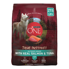 Purina ONE True Instinct salmon-tuna bag front highlighting premium real meat.
